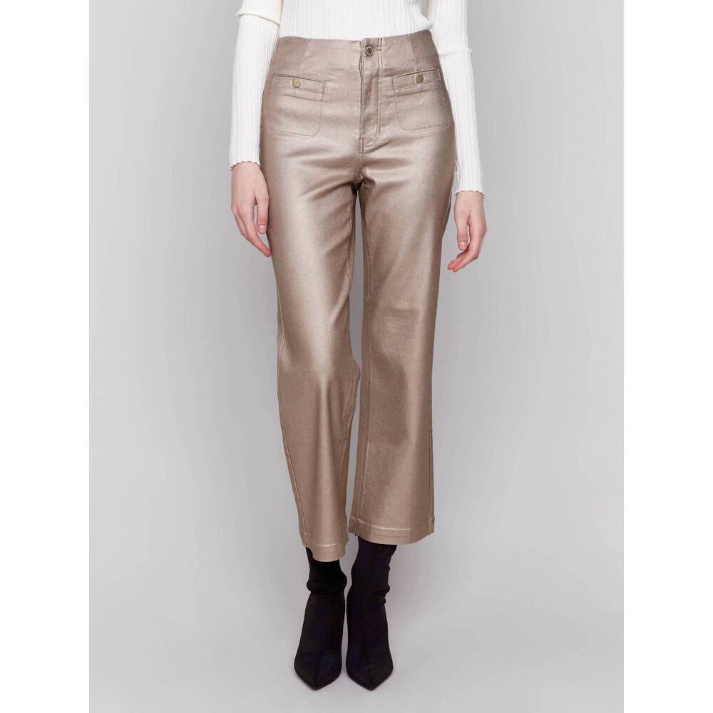 NEW CHARLIE B women's metallic wax crop pant in brass/gold